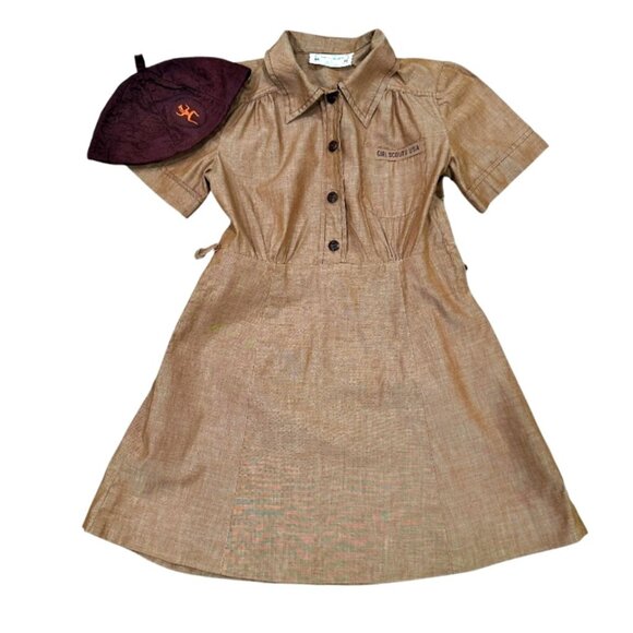 Vintage Official Girl Scouts of America Brown Uniform Dress and Beanie Size 8 - Picture 1 of 10
